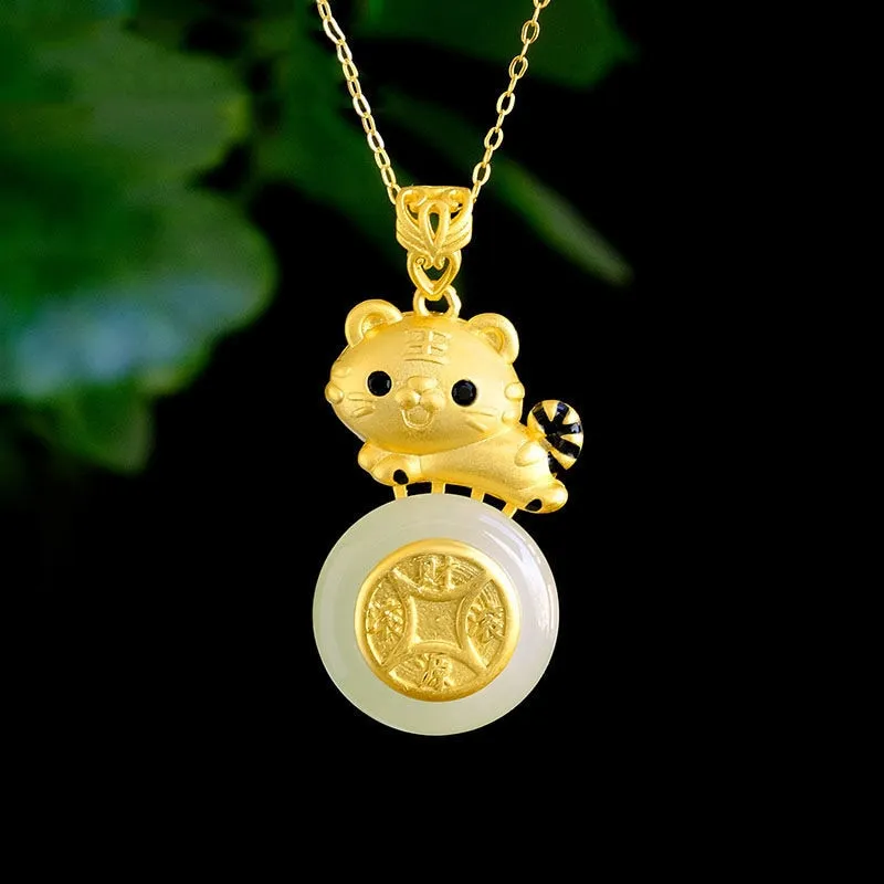 Classic Silver Inlaid Round Natural Hetian Jade Little Tiger necklaces