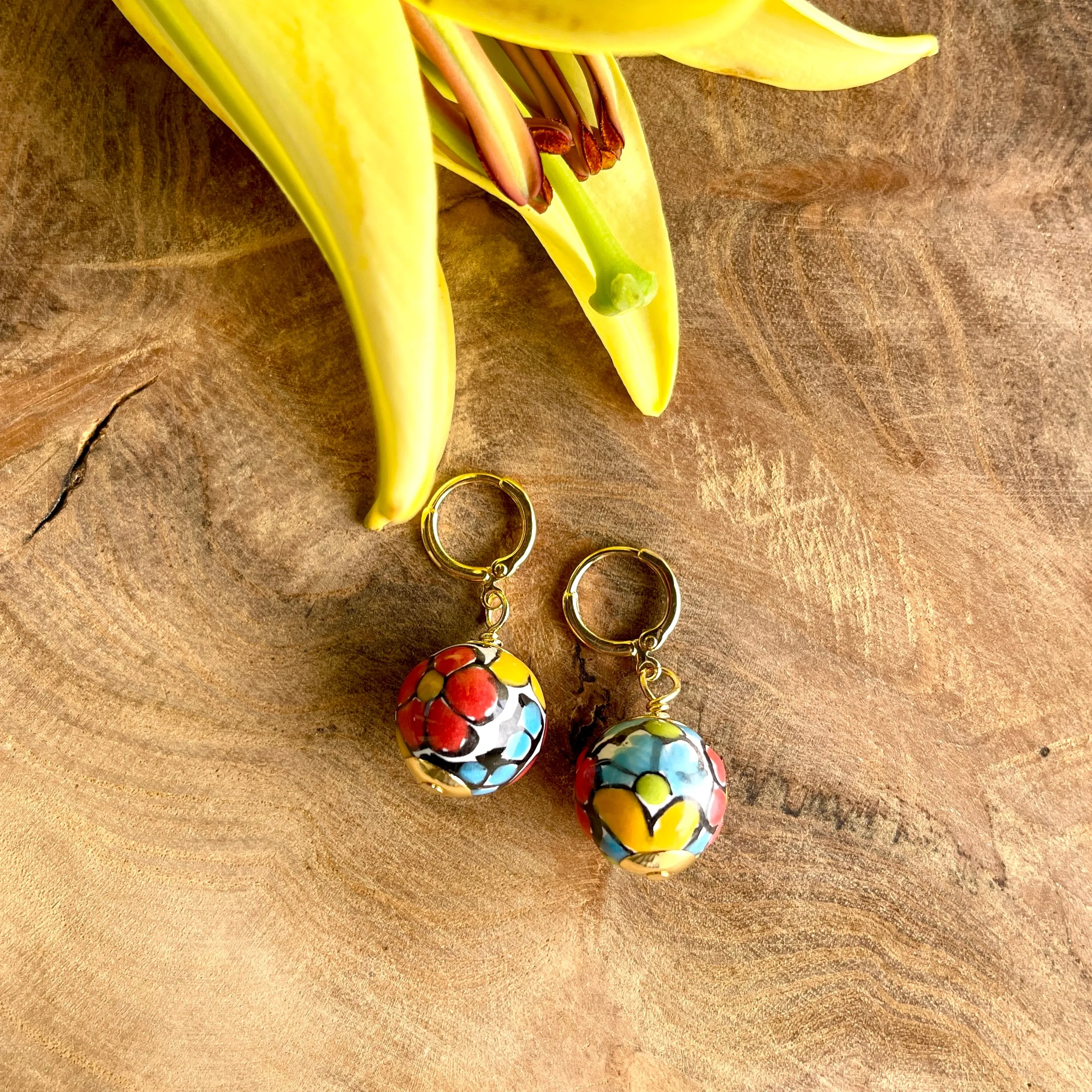 Colorful Talavera Round Earrings with Gold-Plated Brass