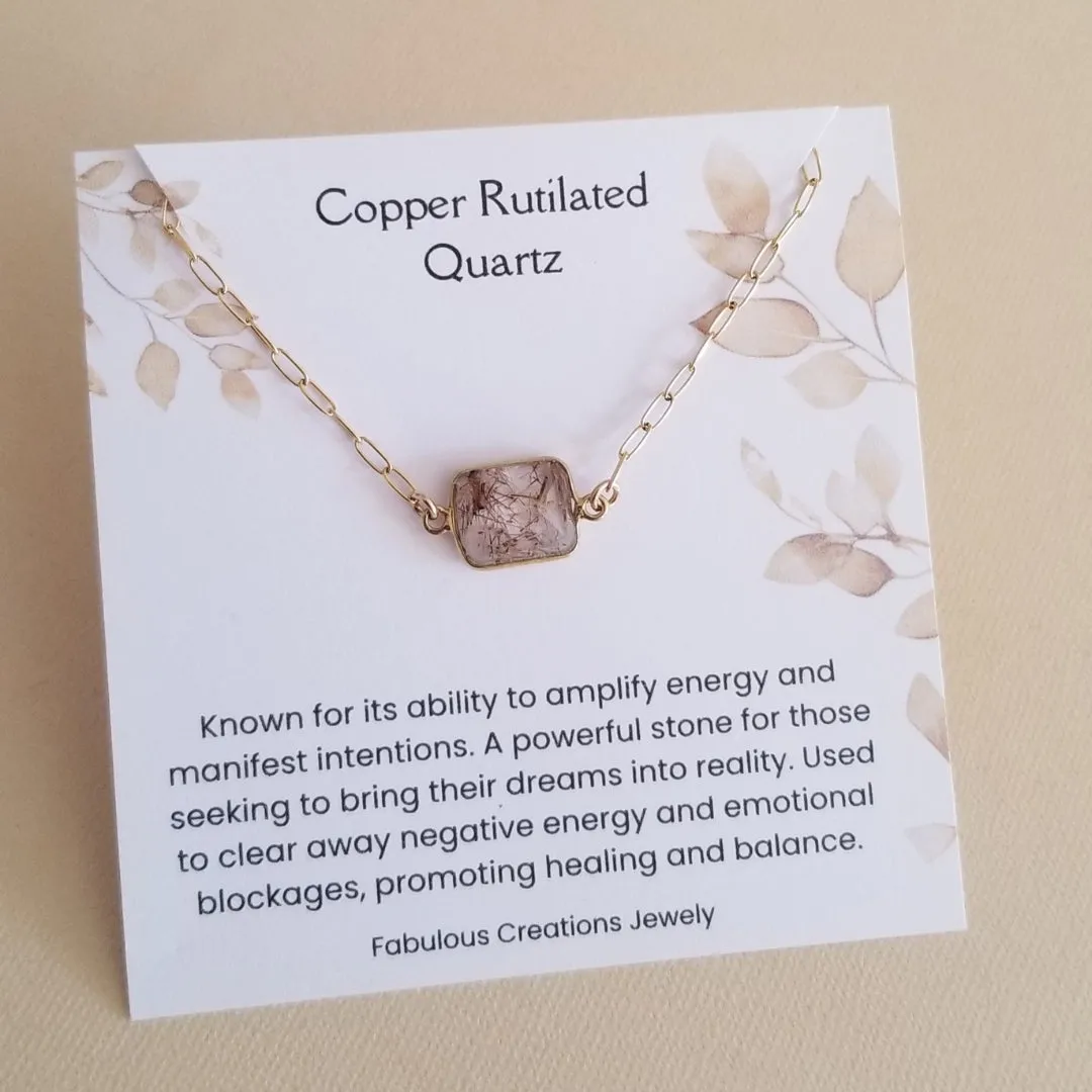 Copper Rutilated Quartz Necklace, Gold Paperclip Chain Necklace, Dainty Gemstone Choker Necklace, Layering Necklace