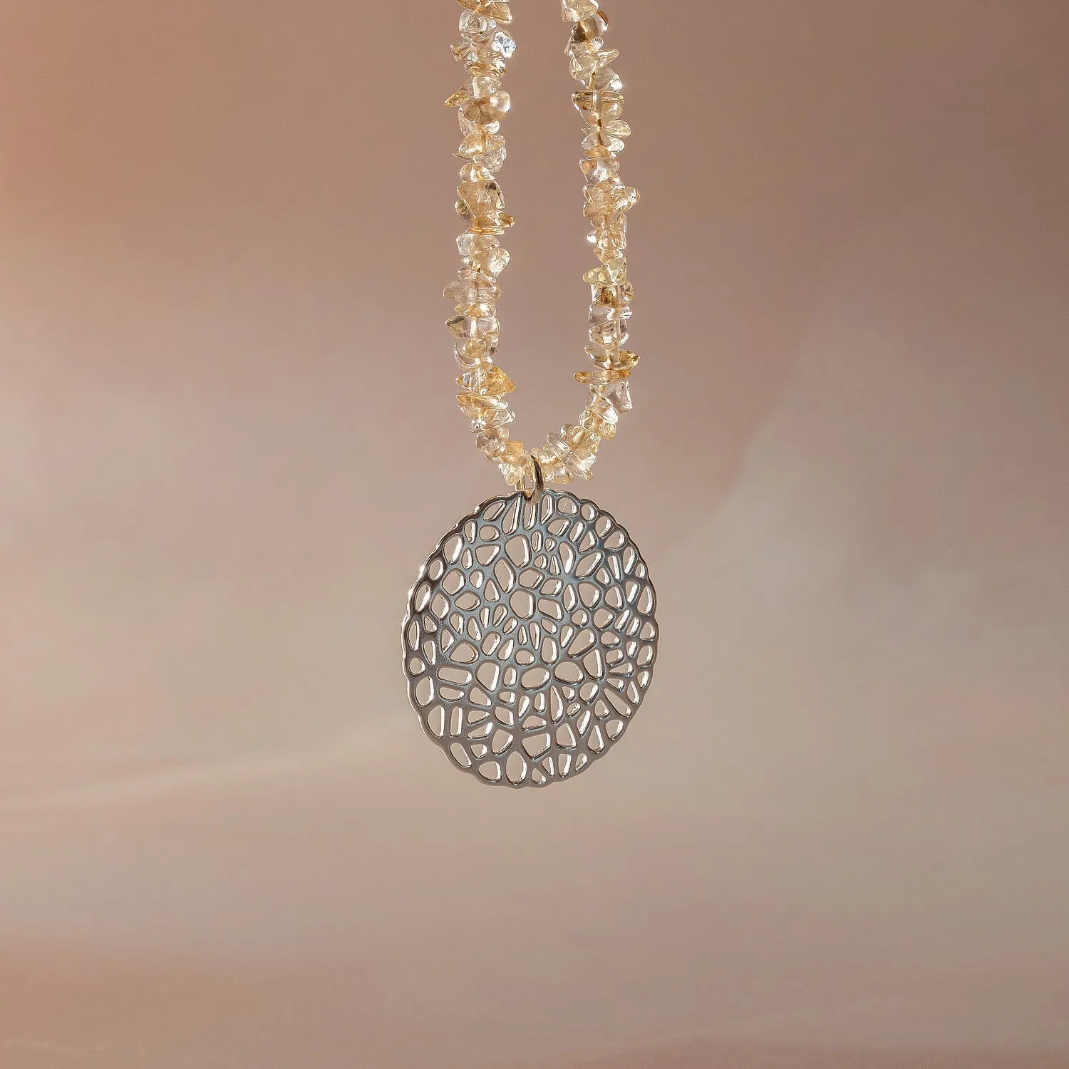 Coral Pendant on Citrine Beaded Necklace