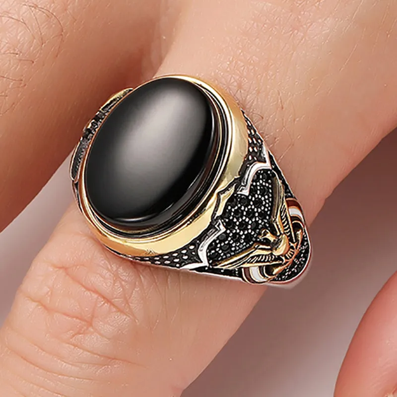 Craved Pattern Black Egg-shaped Crystal Silver Color Ring