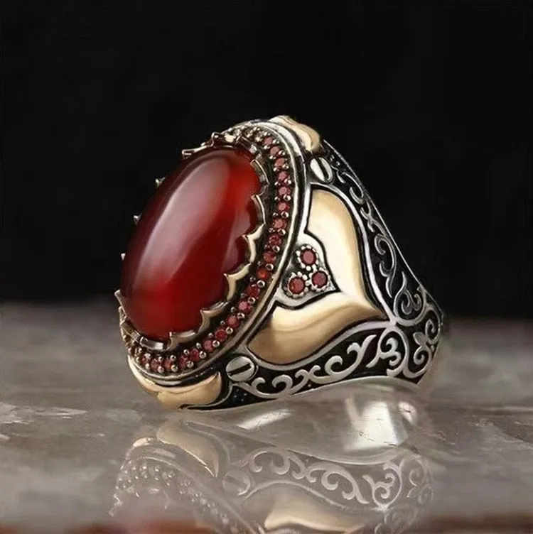 Craved Pattern Black Egg-shaped Crystal Silver Color Ring