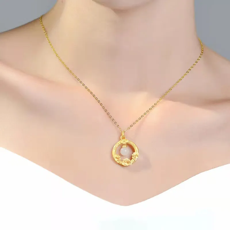 Creative Design Ancient Gold Craft Inlaid Natural Hotan Jade Bead Pendant Necklace