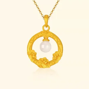 Creative Design Ancient Gold Craft Inlaid Natural Hotan Jade Bead Pendant Necklace
