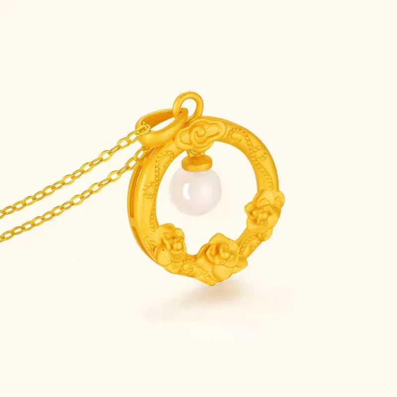 Creative Design Ancient Gold Craft Inlaid Natural Hotan Jade Bead Pendant Necklace