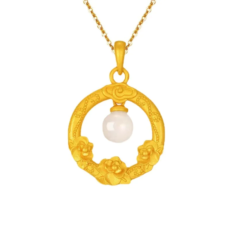 Creative Design Ancient Gold Craft Inlaid Natural Hotan Jade Bead Pendant Necklace