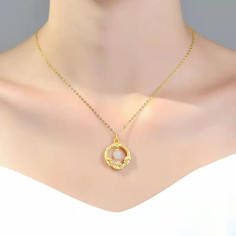 Creative Design Ancient Gold Craft Inlaid Natural Hotan Jade Bead Pendant Necklace