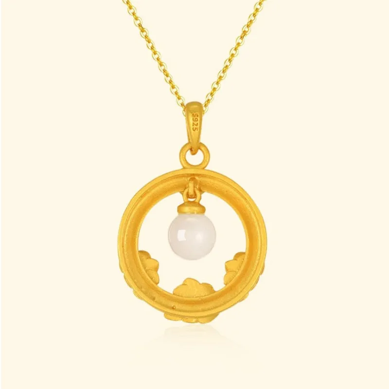 Creative Design Ancient Gold Craft Inlaid Natural Hotan Jade Bead Pendant Necklace
