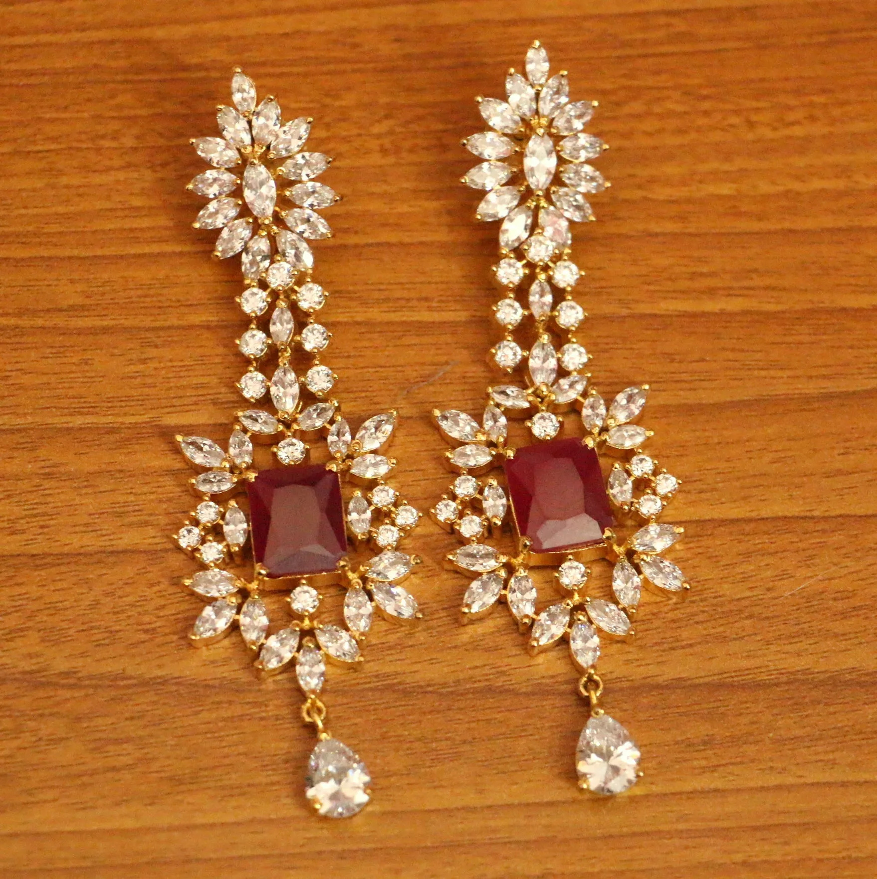 DIAMOND LOOK RUBY GOLD PLATE DANGLERS