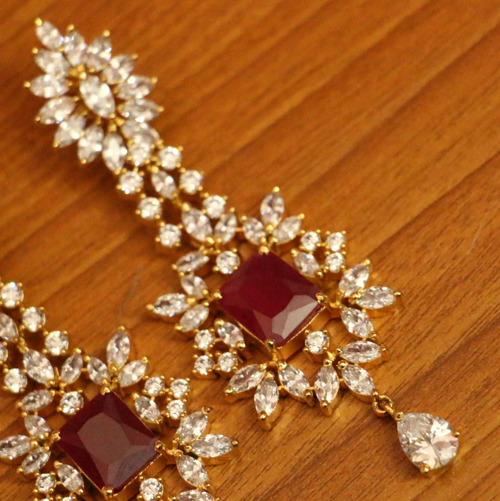 DIAMOND LOOK RUBY GOLD PLATE DANGLERS