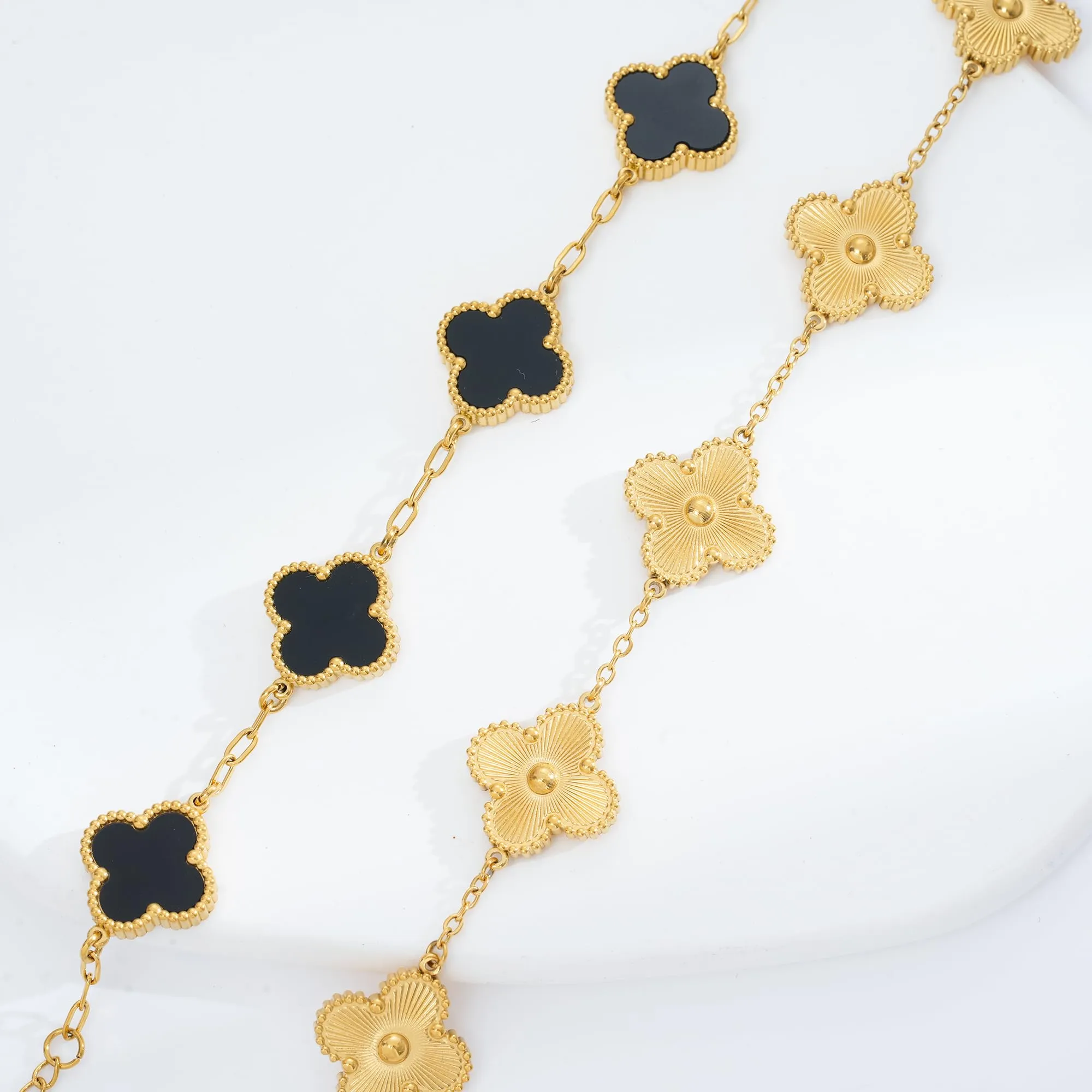 ECNOTX Waterproof Four-Leaf Clover Bracelet,Adjustable Link Double Sided Jewelry, Lovely Fashion Jewelry Gift for Women Gold Bracelet  Black Bracelet
