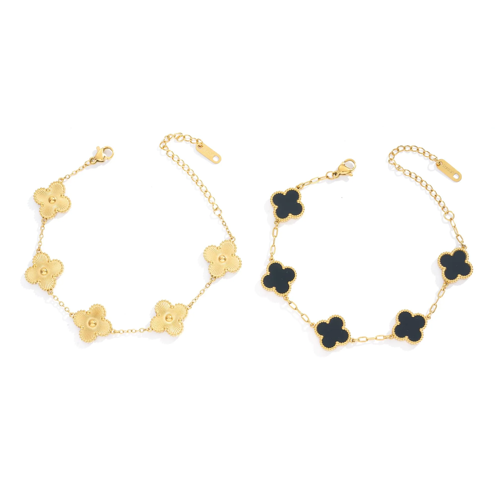 ECNOTX Waterproof Four-Leaf Clover Bracelet,Adjustable Link Double Sided Jewelry, Lovely Fashion Jewelry Gift for Women Gold Bracelet  Black Bracelet
