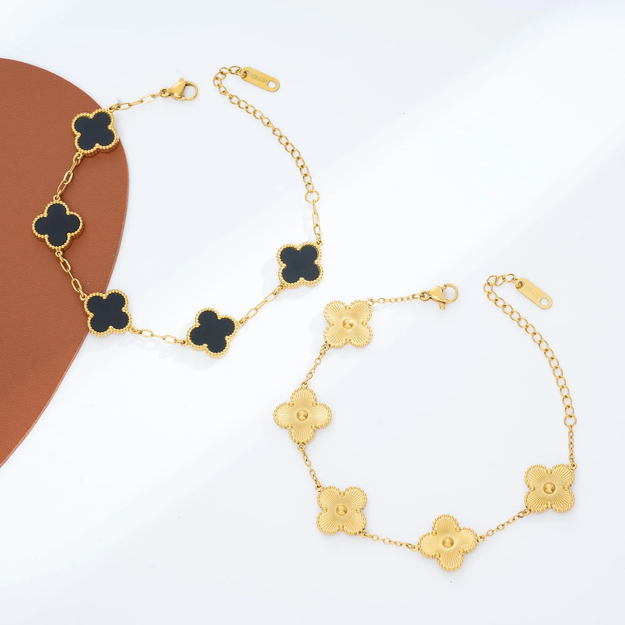 ECNOTX Waterproof Four-Leaf Clover Bracelet,Adjustable Link Double Sided Jewelry, Lovely Fashion Jewelry Gift for Women Gold Bracelet  Black Bracelet