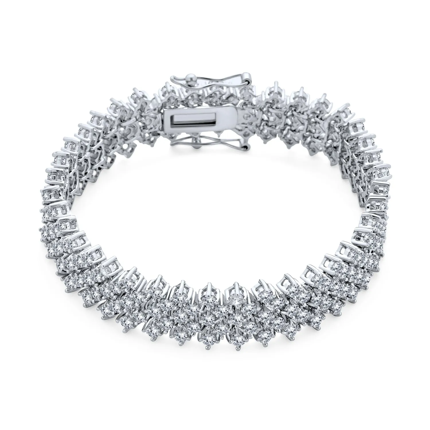Elegant Bridal CZ Statement Bracelet Silver Plated Multi Row Lattice Design