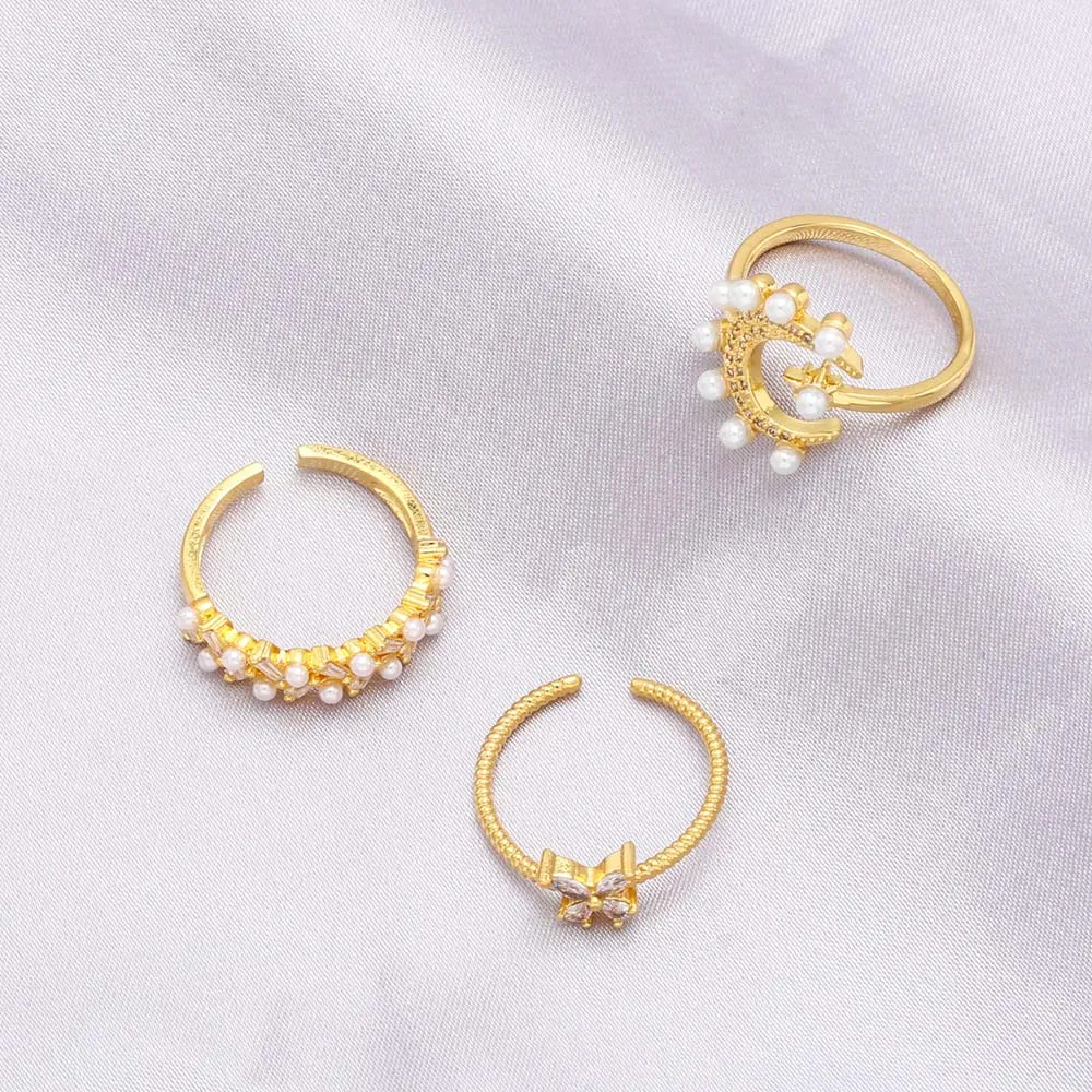 Elegant Women Pearl Rings CZ Rhinestone Moon and Star Rings Gold Plated Open Rings