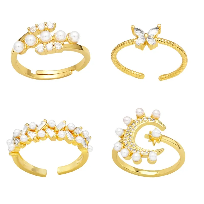Elegant Women Pearl Rings CZ Rhinestone Moon and Star Rings Gold Plated Open Rings