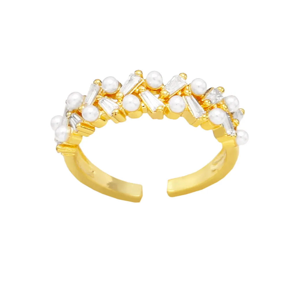 Elegant Women Pearl Rings CZ Rhinestone Moon and Star Rings Gold Plated Open Rings
