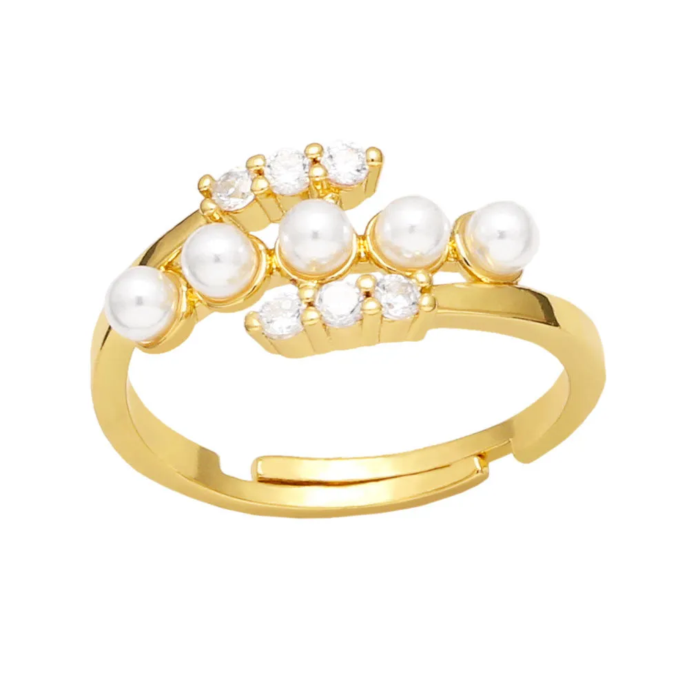 Elegant Women Pearl Rings CZ Rhinestone Moon and Star Rings Gold Plated Open Rings