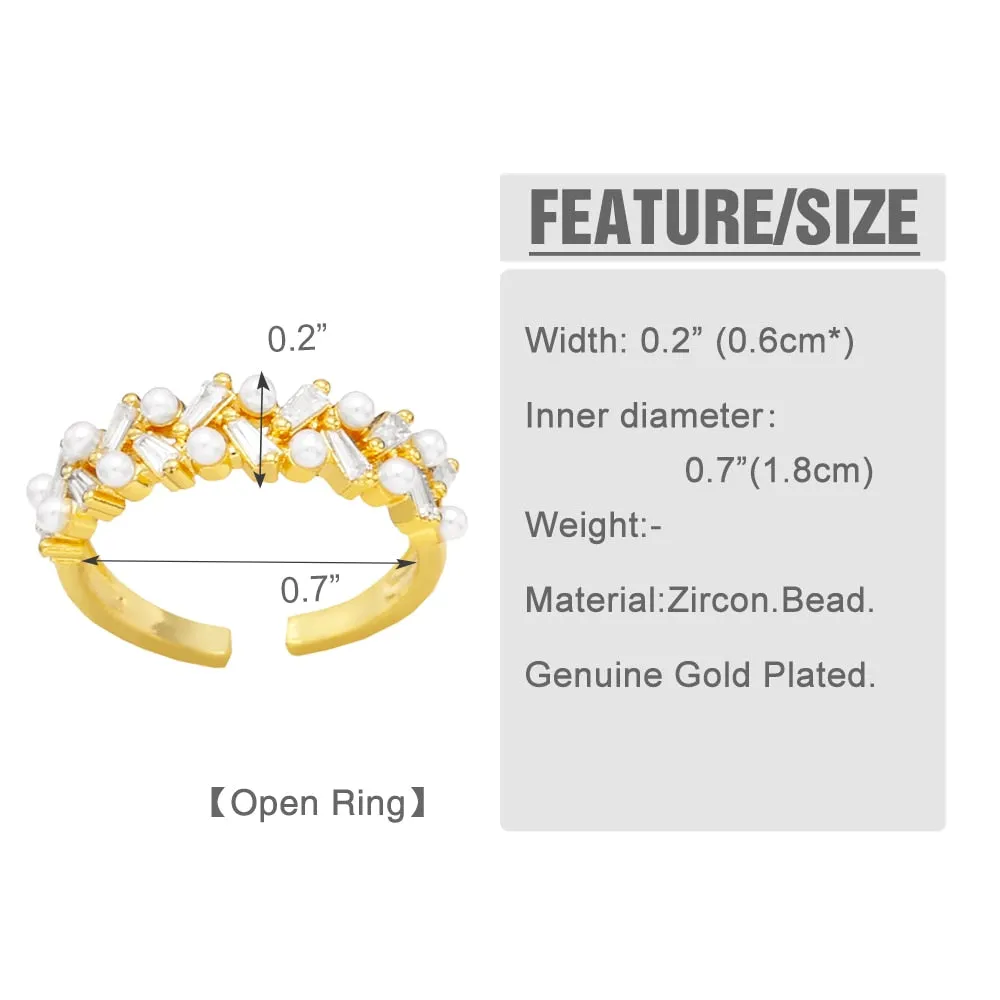 Elegant Women Pearl Rings CZ Rhinestone Moon and Star Rings Gold Plated Open Rings
