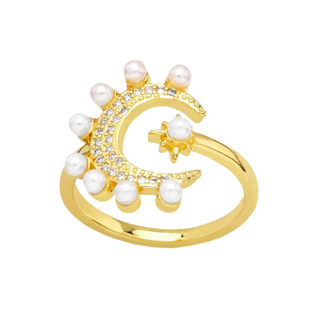 Elegant Women Pearl Rings CZ Rhinestone Moon and Star Rings Gold Plated Open Rings