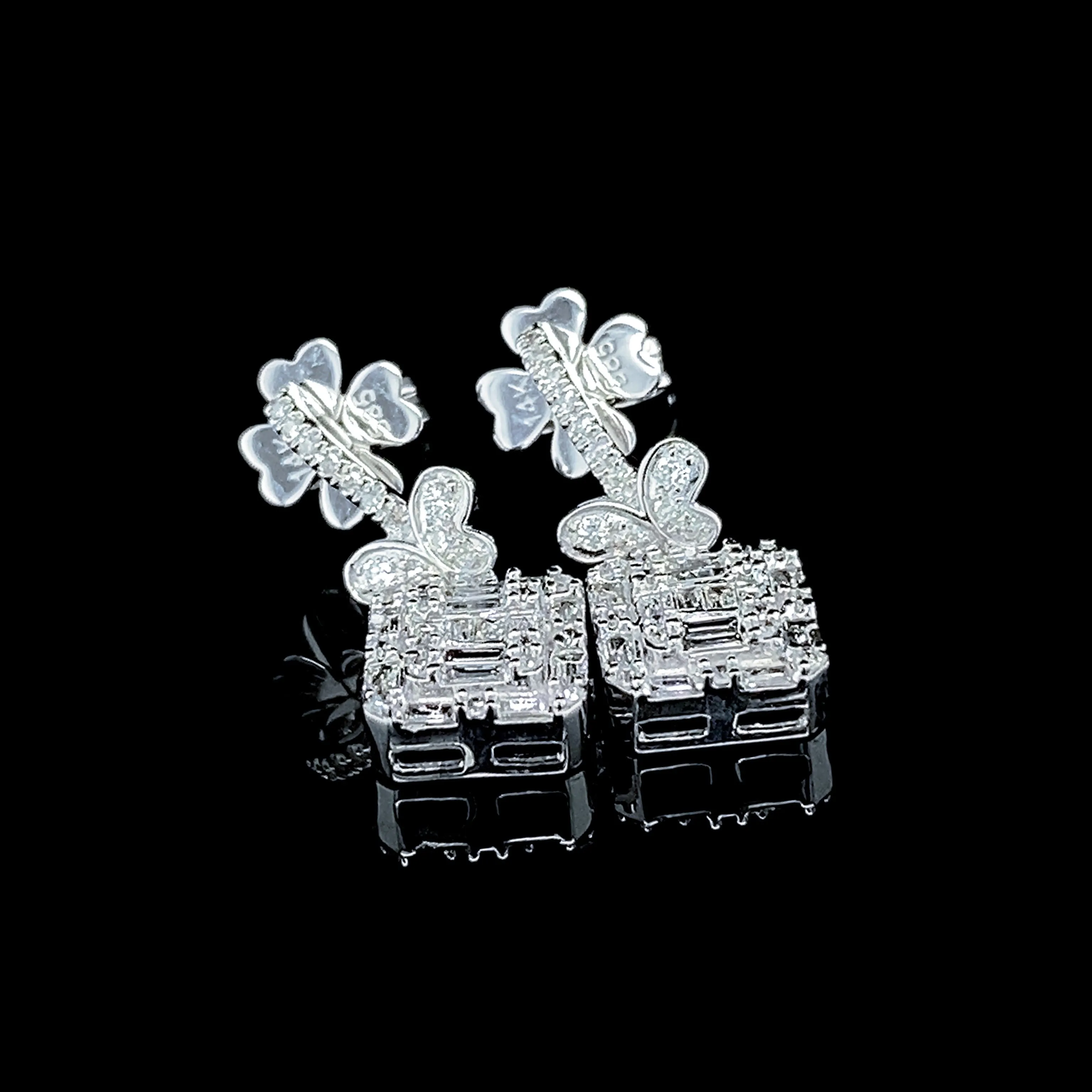 Emerald Butterfly Deco Dangling Diamond Earrings 14kt