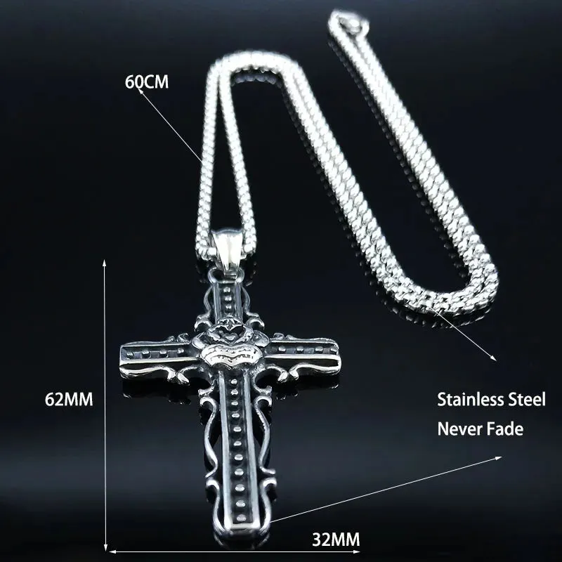 Fashion Gothic Rose Cross Stainless Steel Necklace for Women Silver Color Chain Necklaces