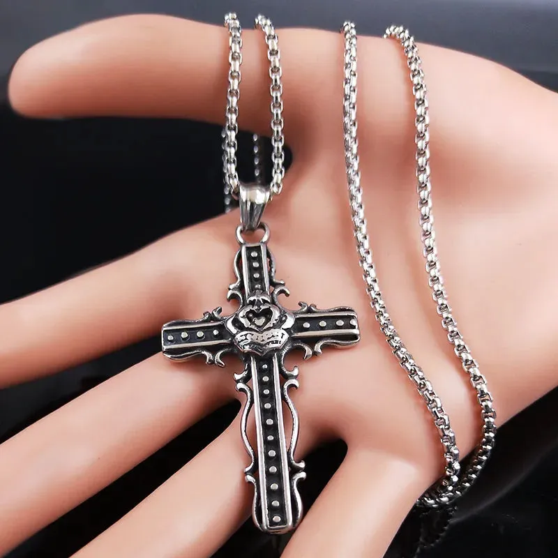 Fashion Gothic Rose Cross Stainless Steel Necklace for Women Silver Color Chain Necklaces