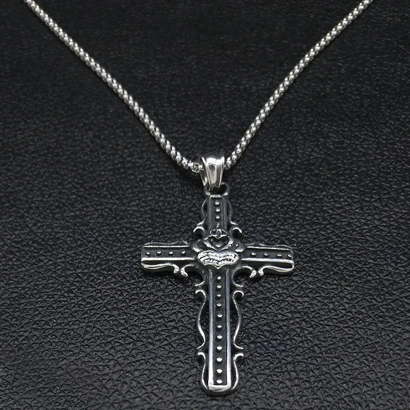 Fashion Gothic Rose Cross Stainless Steel Necklace for Women Silver Color Chain Necklaces