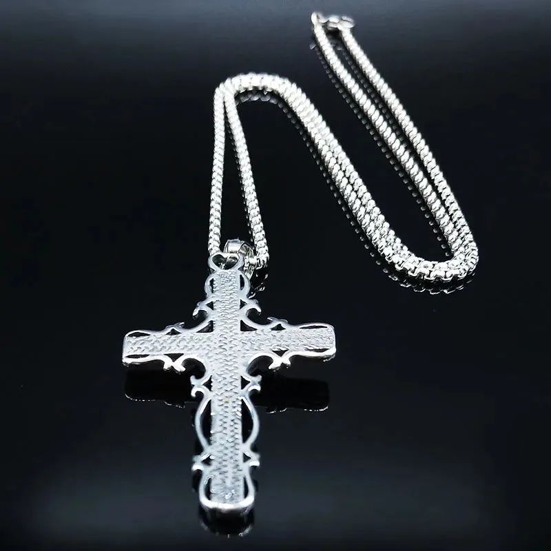 Fashion Gothic Rose Cross Stainless Steel Necklace for Women Silver Color Chain Necklaces