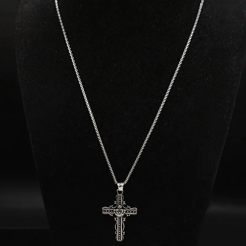 Fashion Gothic Rose Cross Stainless Steel Necklace for Women Silver Color Chain Necklaces