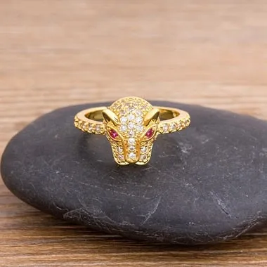 Fashion Personality Leopard Head Design Copper Zircon Wedding Ring