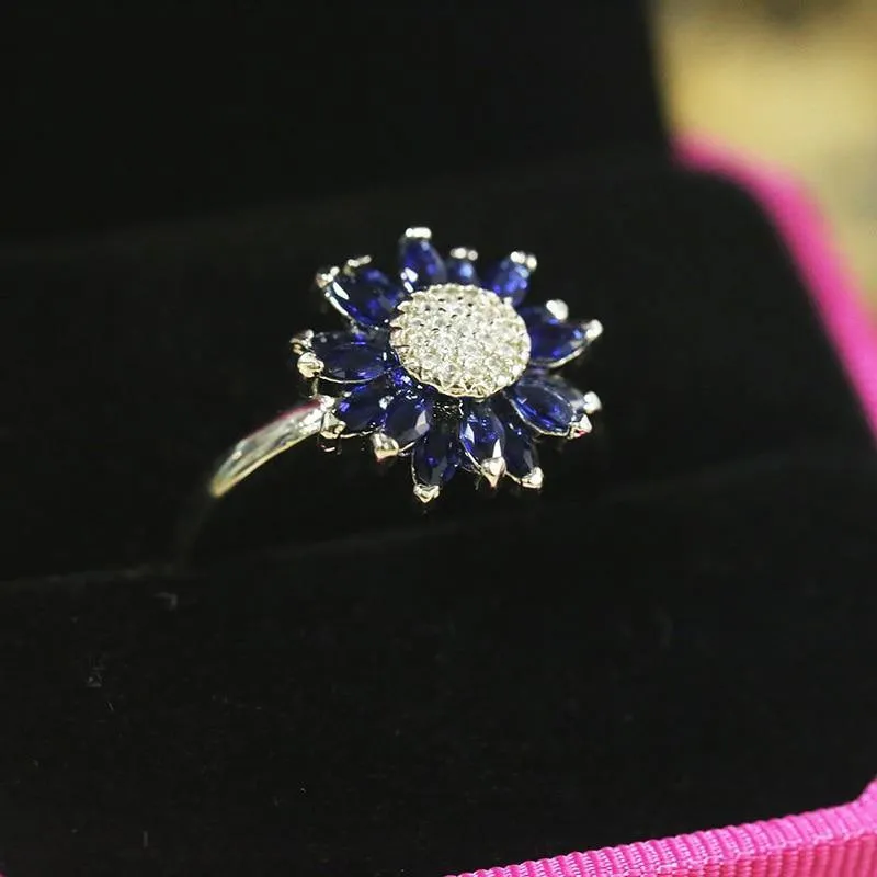 Female Trendy Lab Sapphire Sunflower Blue Ring