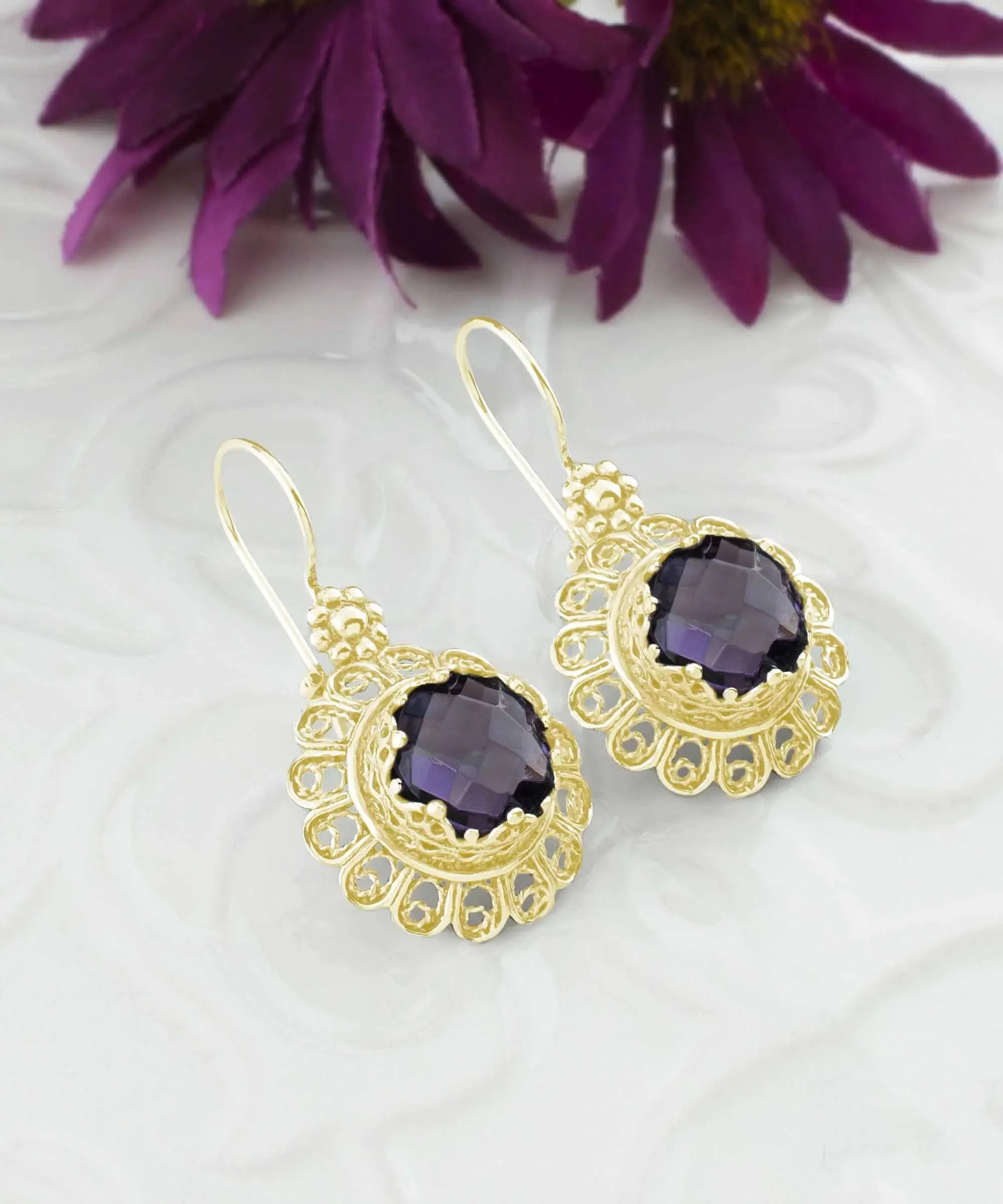 Filigree Art Flower Design Gold Plated Silver Amethyst Gemstone Women Drop Earrings
