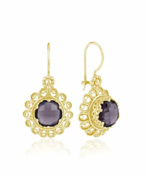 Filigree Art Flower Design Gold Plated Silver Amethyst Gemstone Women Drop Earrings