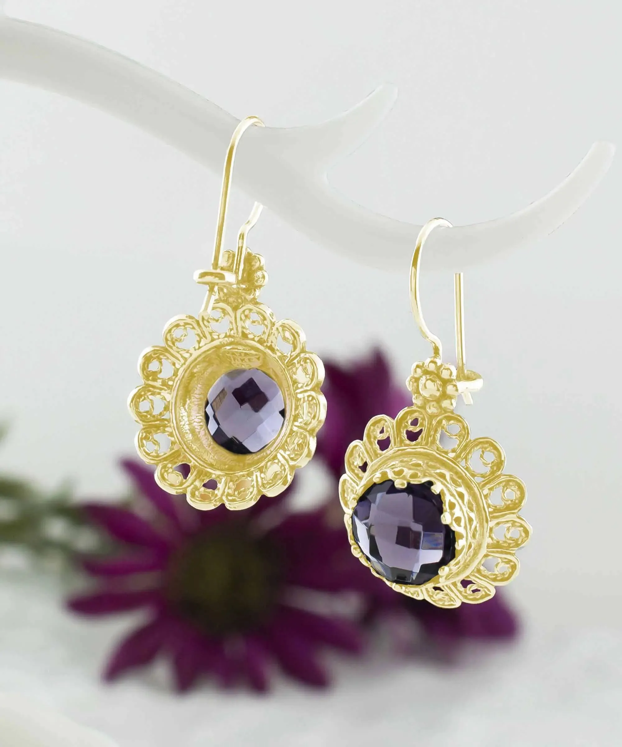 Filigree Art Flower Design Gold Plated Silver Amethyst Gemstone Women Drop Earrings