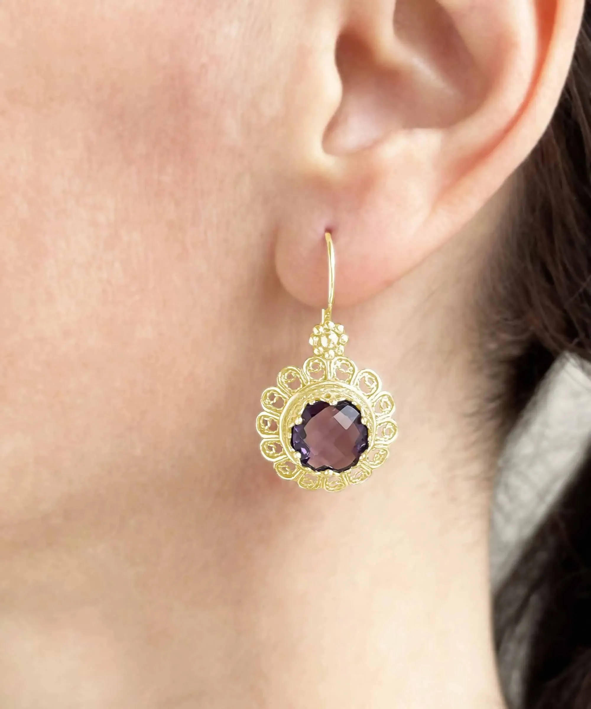 Filigree Art Flower Design Gold Plated Silver Amethyst Gemstone Women Drop Earrings