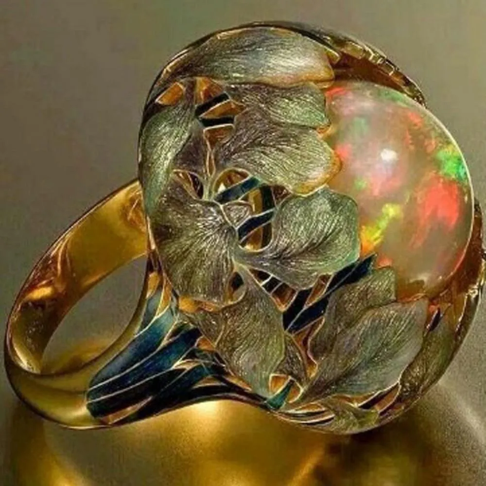 Flower Stone Opal Anel Exaggerated Personality Fabulous Gold Anillos Ring
