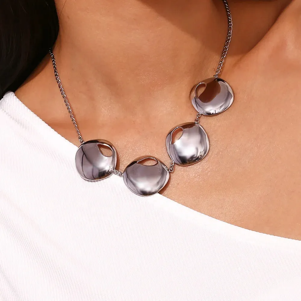 Four Irregular Metallic Disc Bib Statement Necklace