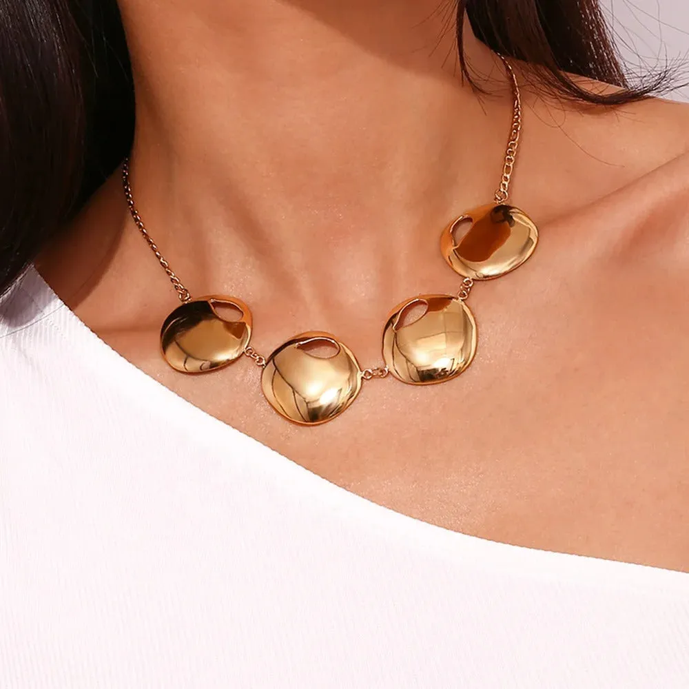 Four Irregular Metallic Disc Bib Statement Necklace