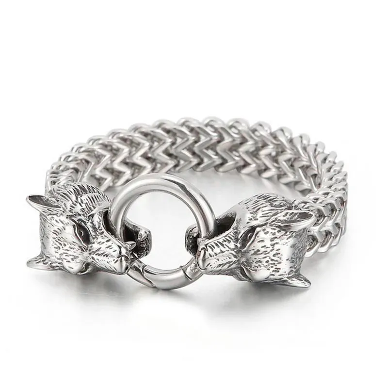 FZ Double Wolf Charm Stainless Steel Cowhide Leather Bracelet