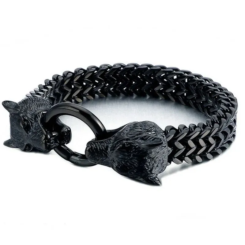 FZ Double Wolf Charm Stainless Steel Cowhide Leather Bracelet