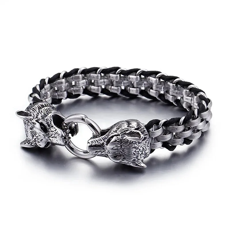 FZ Double Wolf Charm Stainless Steel Cowhide Leather Bracelet