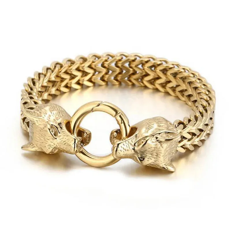 FZ Double Wolf Charm Stainless Steel Cowhide Leather Bracelet