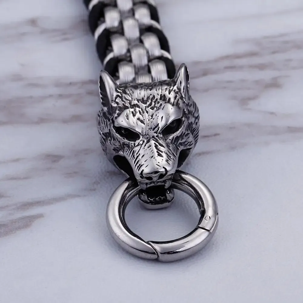 FZ Double Wolf Charm Stainless Steel Cowhide Leather Bracelet