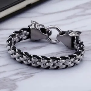 FZ Double Wolf Charm Stainless Steel Cowhide Leather Bracelet