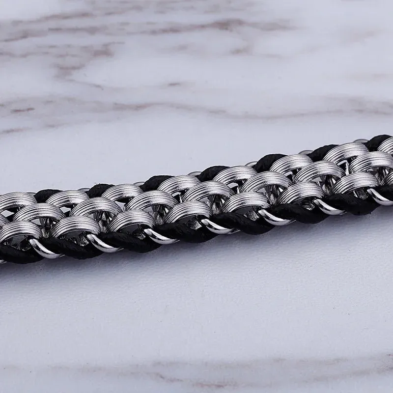 FZ Double Wolf Charm Stainless Steel Cowhide Leather Bracelet