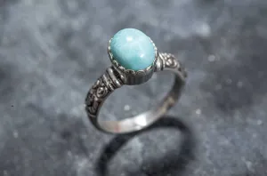 Genuine Larimar Ring - Blue Solitaire Ring - Vintage Tribal Band