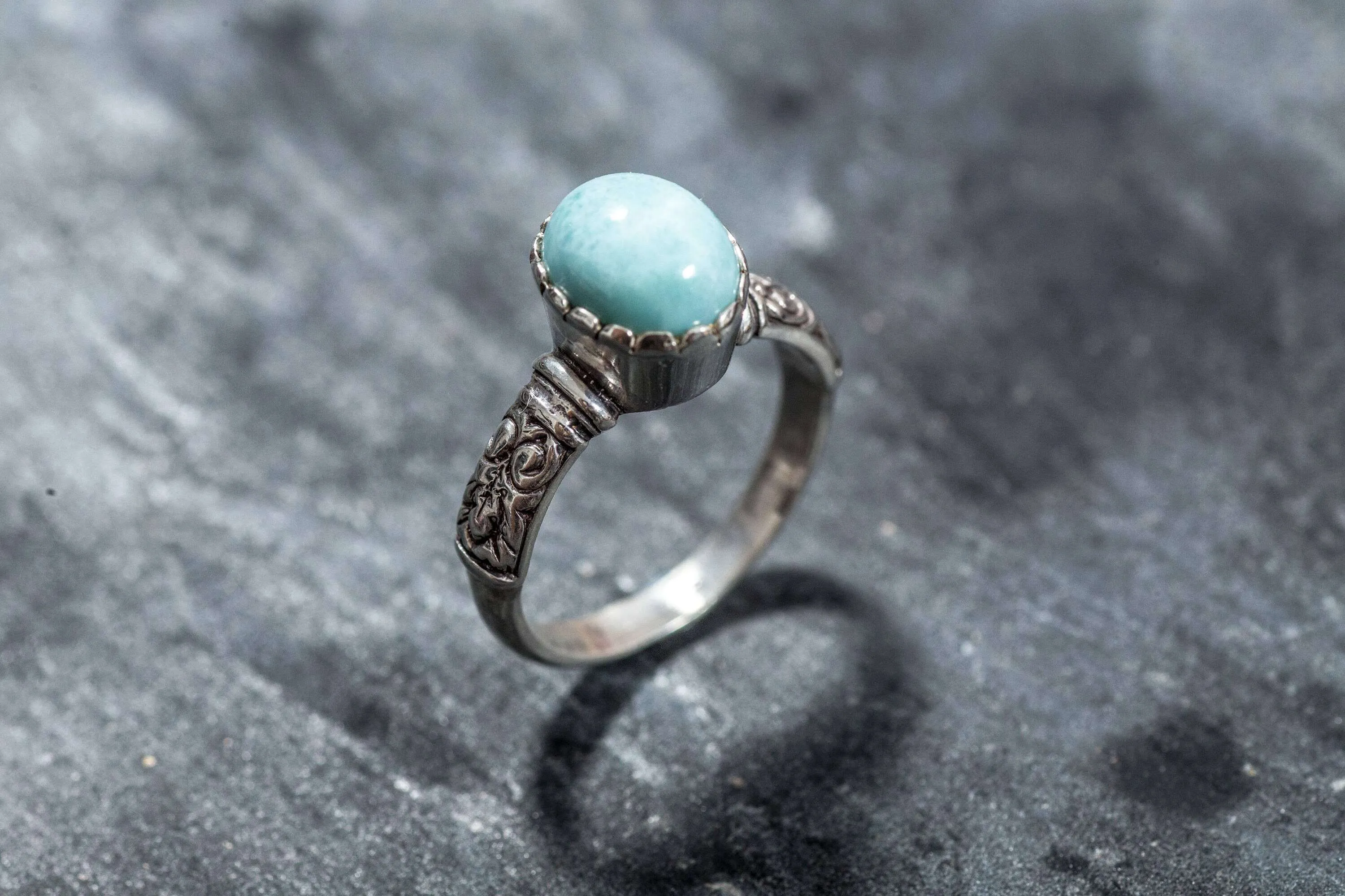 Genuine Larimar Ring - Blue Solitaire Ring - Vintage Tribal Band