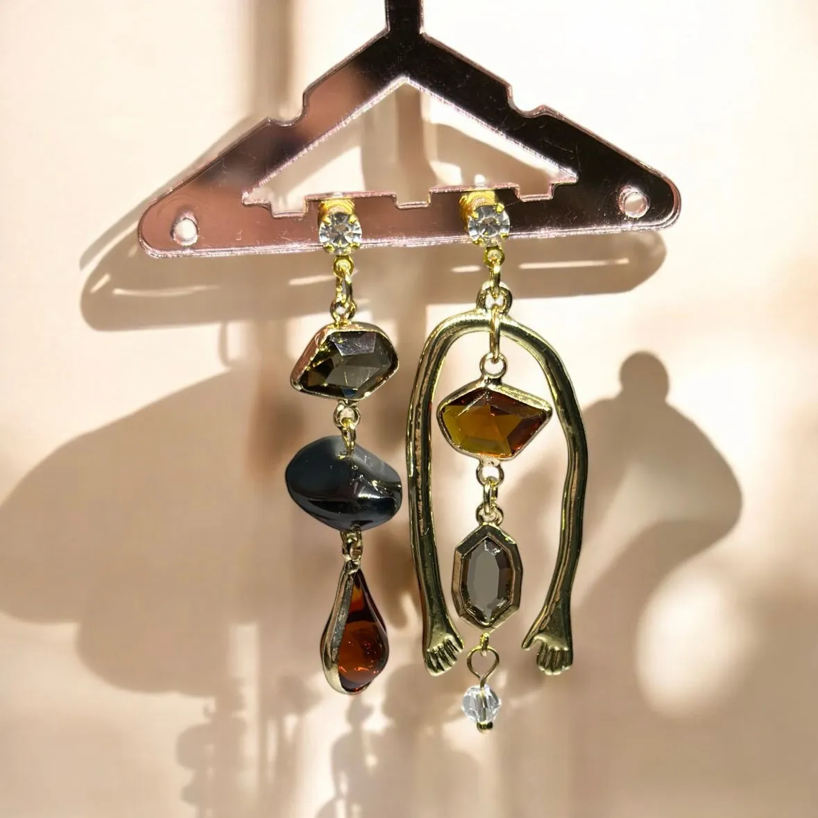Geometric - Gold beads earrings | gold colourful rhinestones | fun mismatched earrings | abstract art earrings