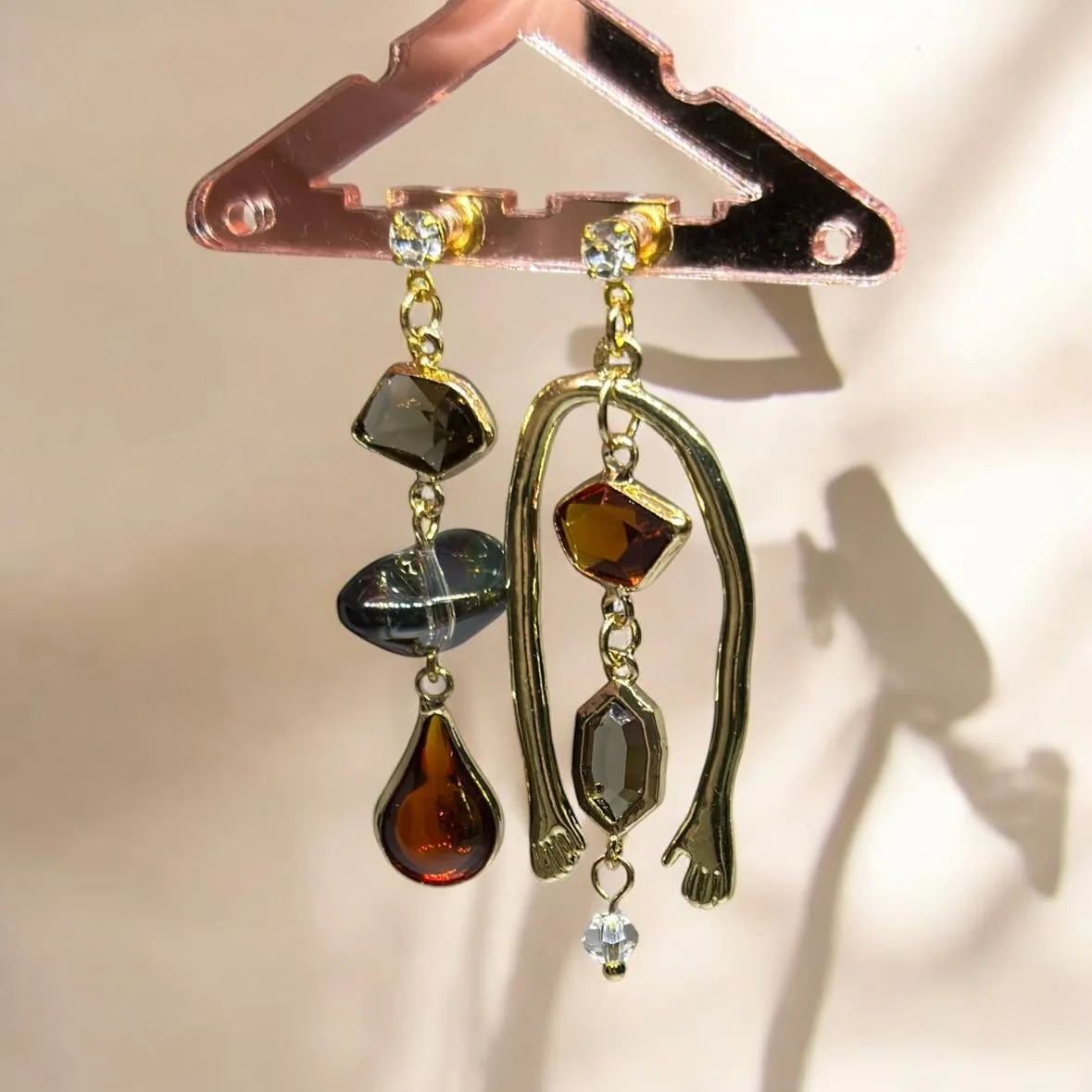 Geometric - Gold beads earrings | gold colourful rhinestones | fun mismatched earrings | abstract art earrings